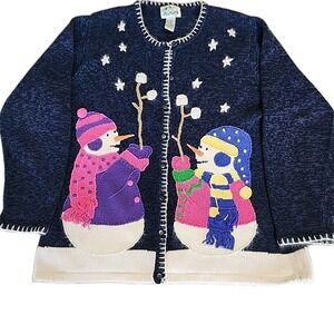 Vintage The Quacker Factory Holiday Christmas Snowman Blue Cardigan Sweater L